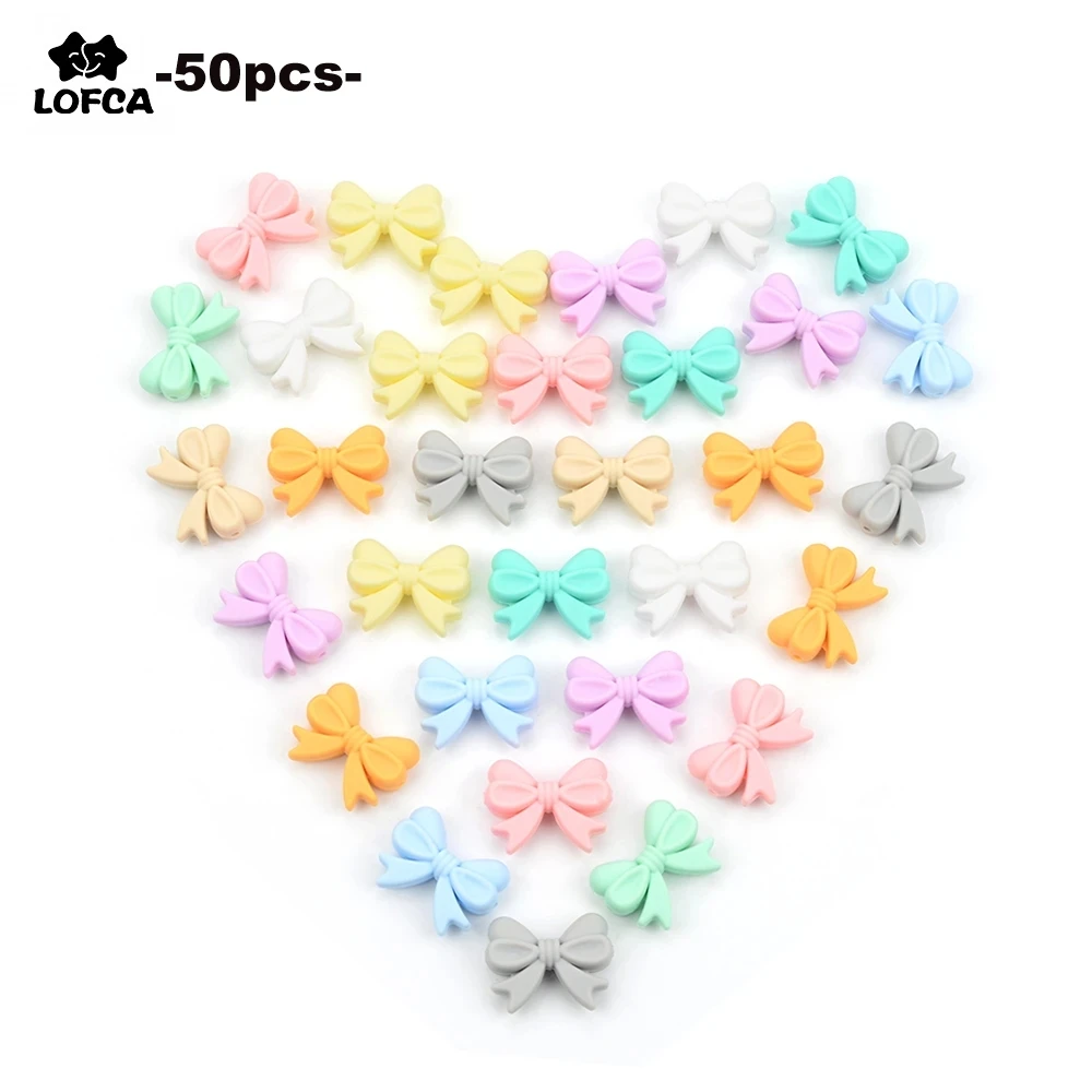 LOFCA 50pcs Bowknot Silicone Beads DIY Food Grade Silicone Teething Pacifier Cute Shaped Silicone teether Holder Accessories