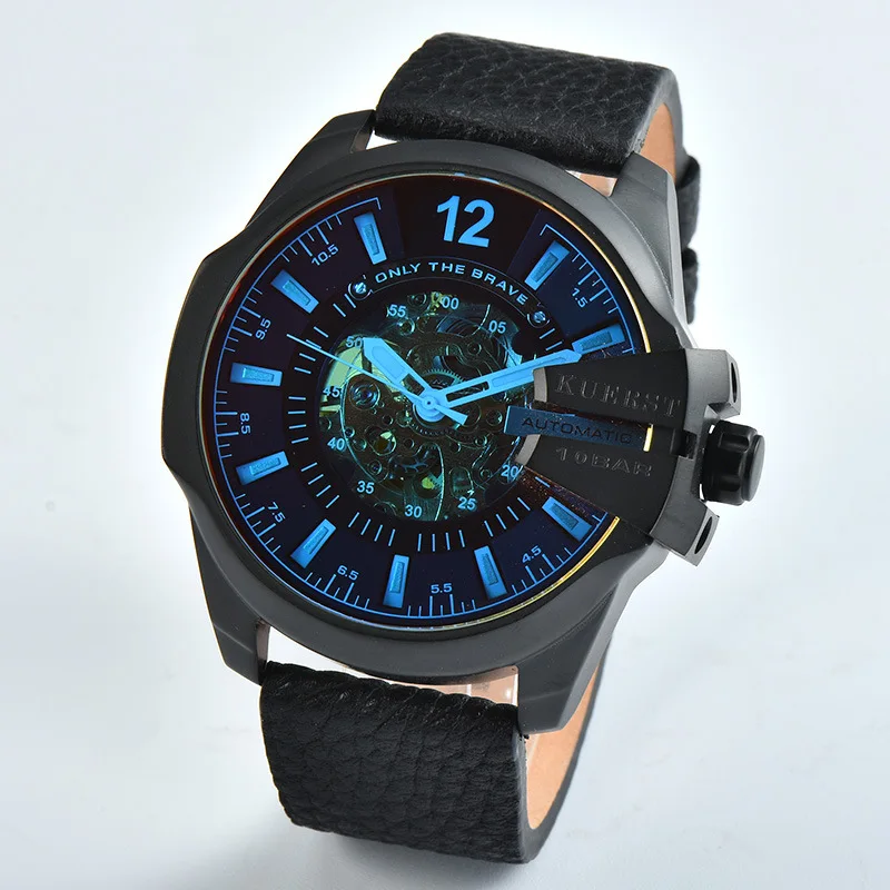 Men Skeleton Watch Women Polarizing Watch Big Dial Watches Steel Band or Genuine Leather Band Wristwatch