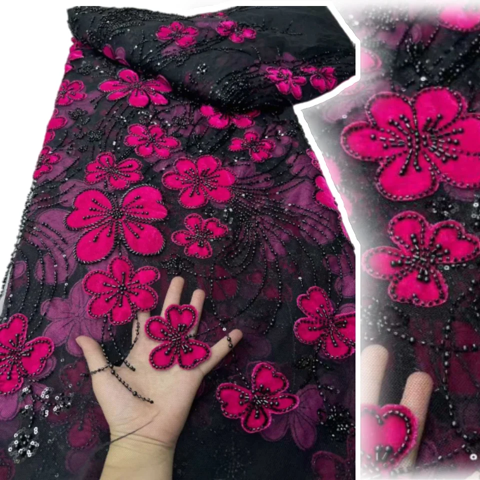 

Африканская кружевная ткань 2025, высококачественная бархатная ткань с вышивкой бисером и блестками, осень и зима для женщин, вечернее платье C1699