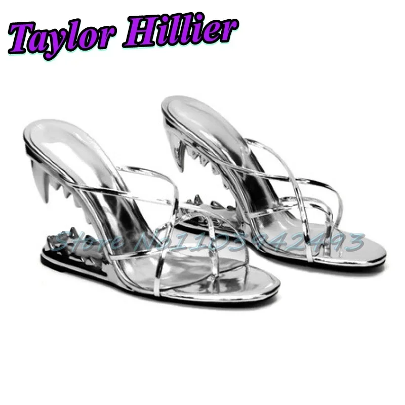 

Silver Teeth Heeled Sandals Clip Toe Heels Women Designer Luxury Shoes Summer Black Strappy Sandalias De Mujer Zapatos Strange