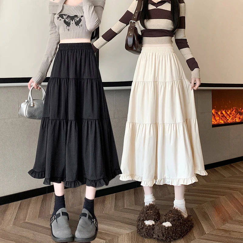 Design inspired midi skirt for women in autumn and winter, Korean version high waisted A-line skirt, mid length cake skirt