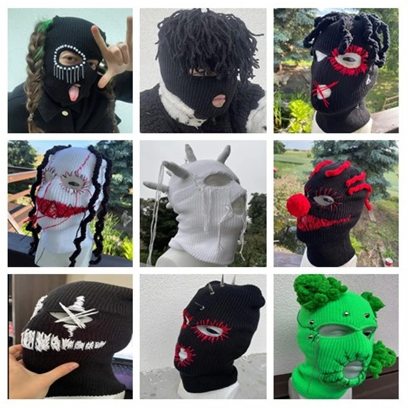 Devil Horn Halloween Knitted Hat Warm Full Face Cover Ski Mask Hat Windproof Balaclava Hat for Men Womens