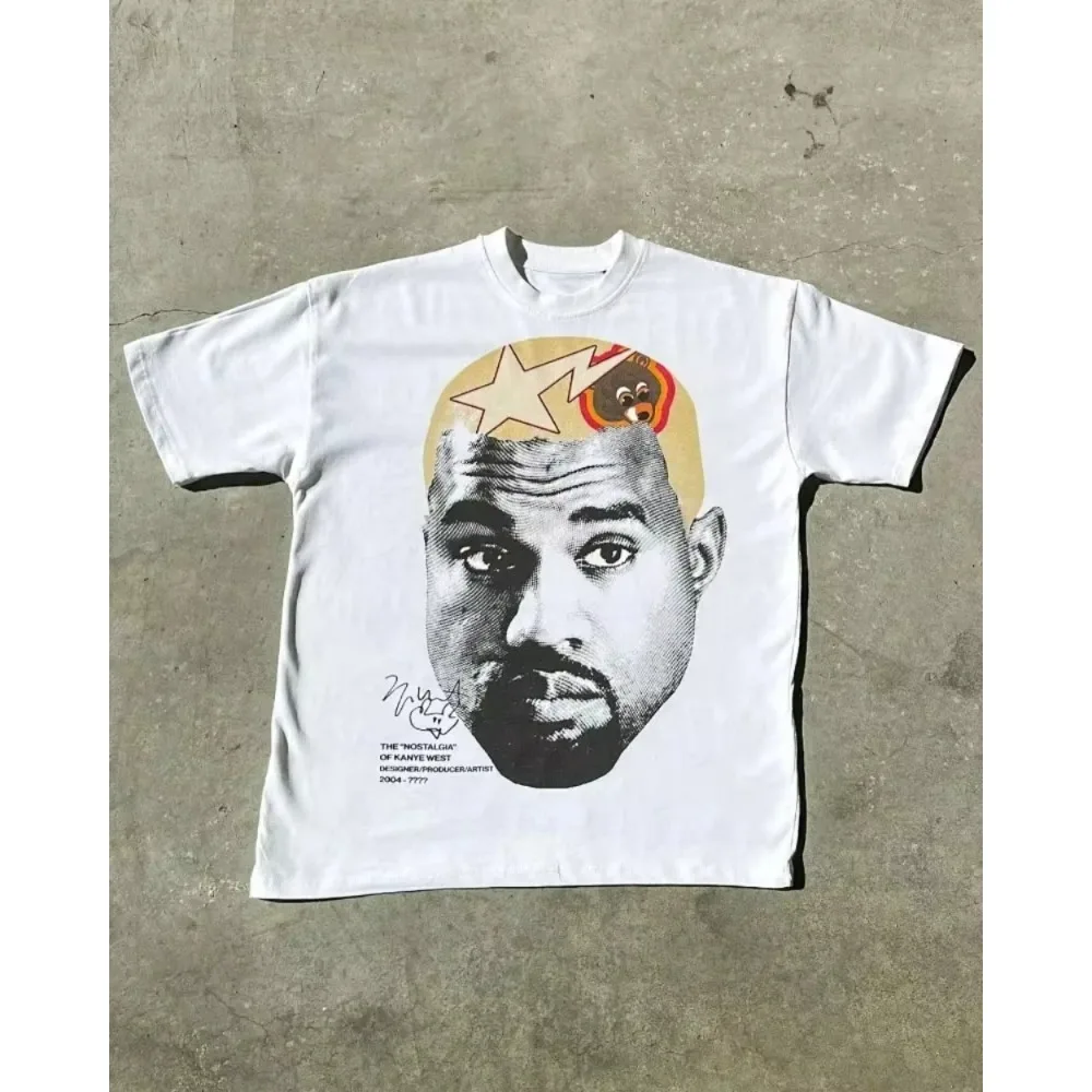 American Trendy Hip Hop Street Style Women T-Shirt Unisex Celebrity Portrait Print Tee Kanye Photo Top Plus Size Men Clothing