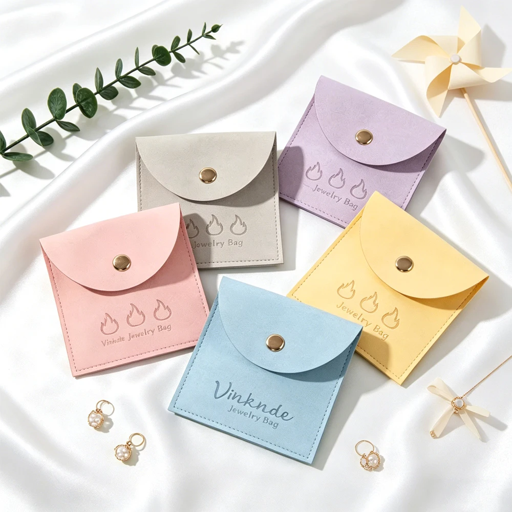 

100Pcs/Lot Velvet Jewelry Gift Bags Custom Logo Microfiber Packaging Storage Snap Pouch For Brooch Card Ring Earrings Pendant