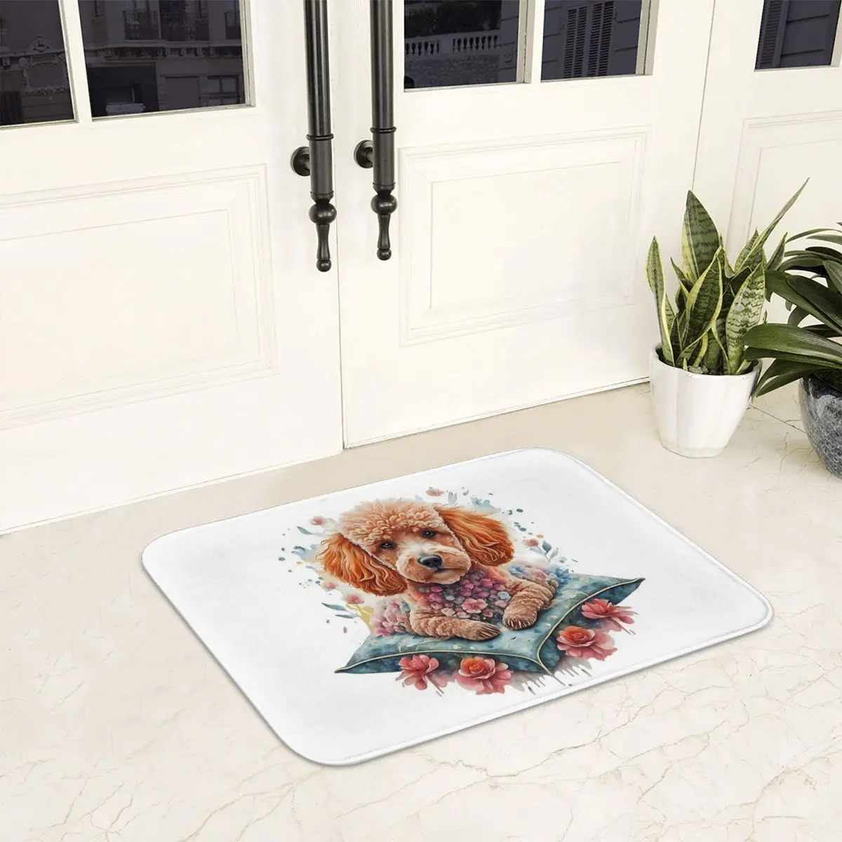 Poodle On A Blue Pillow And Pink Flowers Doormat Anti-skid Bath Mats Home Entrance Rugs Kitchen Bedroom Carpet Outdoor Footpad