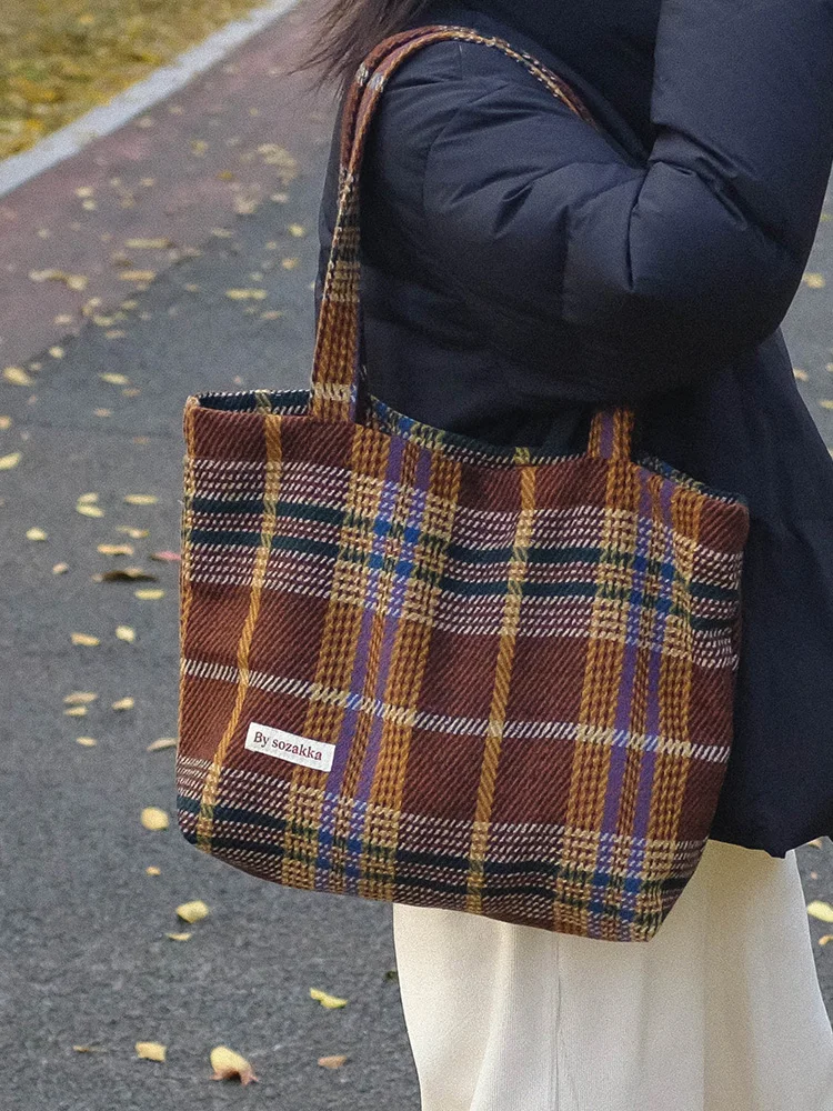 

Шерстяная сумка в клетку в стиле ретро, большая сумка на одно плечо Capaci для поездок на работу, осенне-зимняя коричневая серия, универсальная сумка