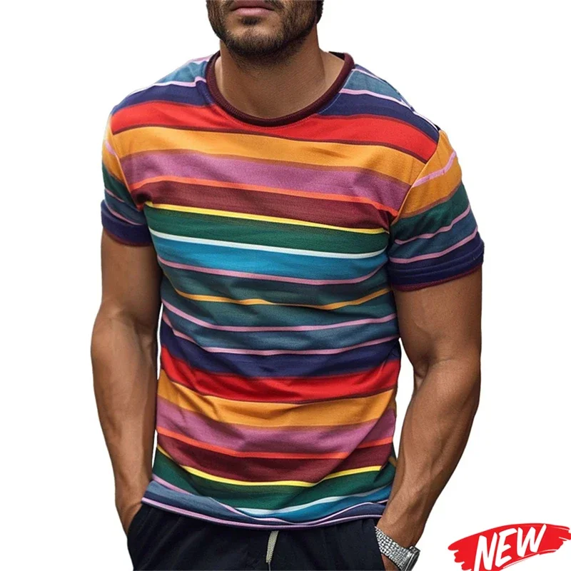 Modisches Buntes Gestreiftes Grafik-T-Shirt für Herren Lässiges Atmungsaktives Rundhals-T-Shirt Sommer Bestseller Kurzarm-Oberteil