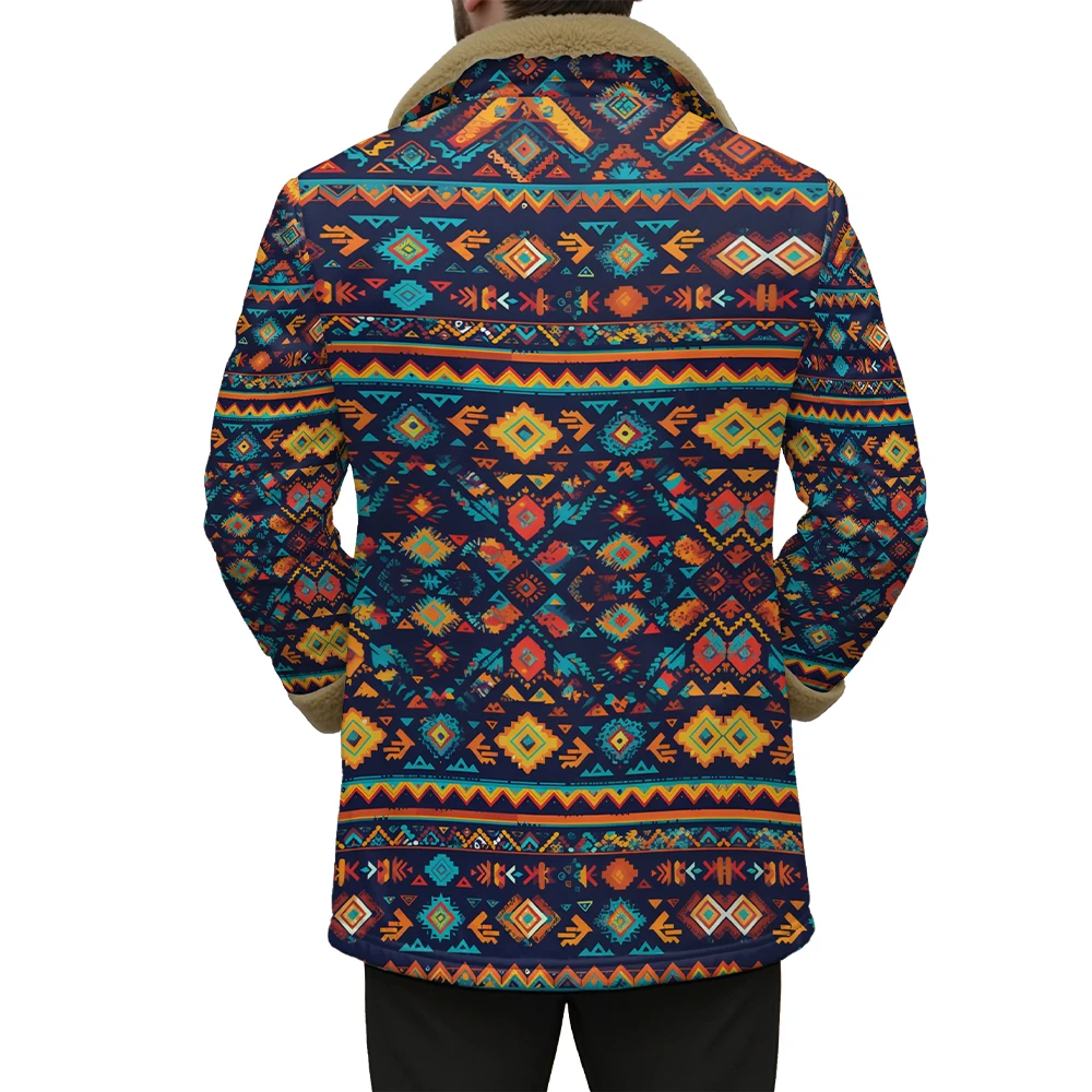 Reversible Ethnic Print Jackets with Faux Fur Collar Bohemian Geometric Coats for Fall Winter Dual-Pocket Loose Fit Fashion