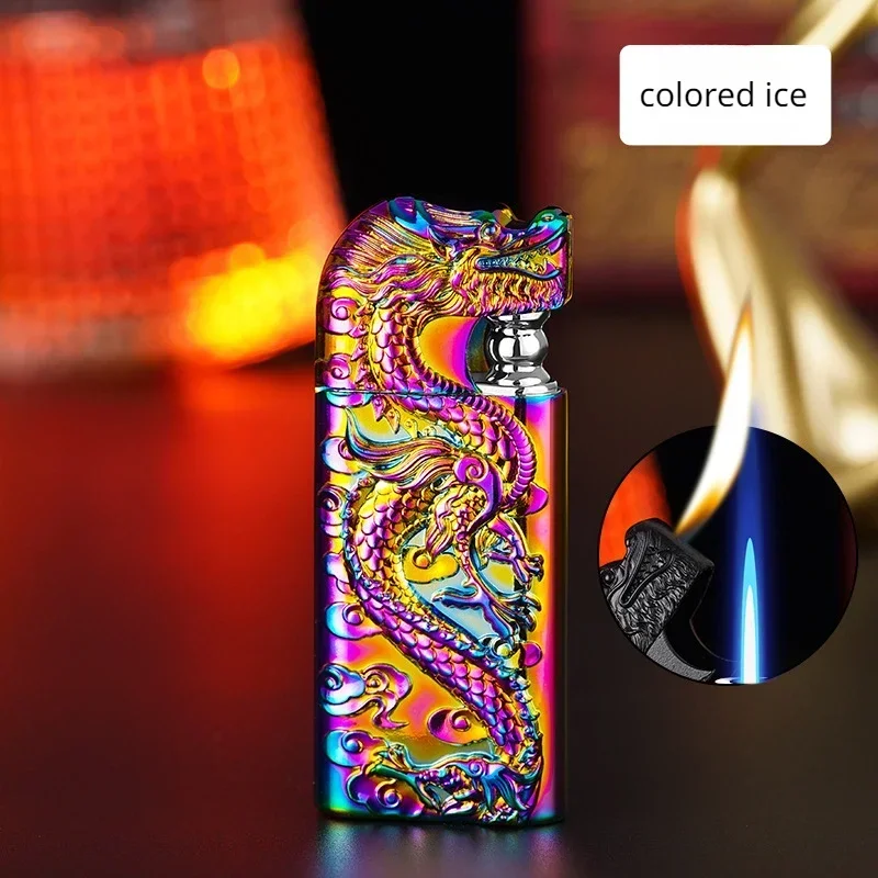 New Double Flame Modified Gas Lighter Metal Three-Dimensional Embossed Dragon Straight Torch Lighter Cigarette Accessories