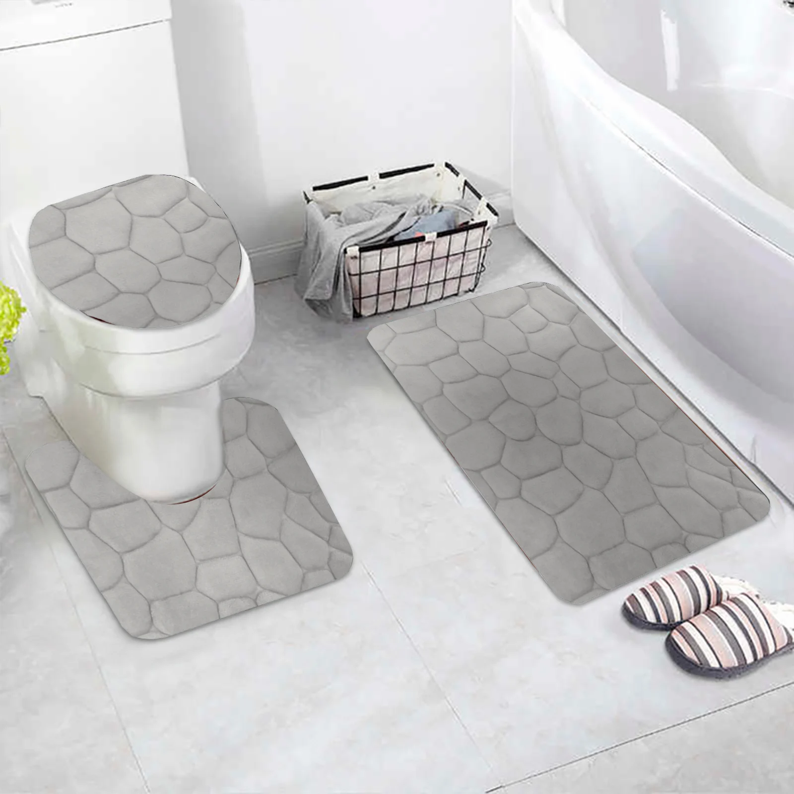 3 Piece Rock Memory Foam Bathroom Mat Set Flannel Embossed Rug Mat Toilet Lid Cover 19 Rug for Bathroom Floor Large