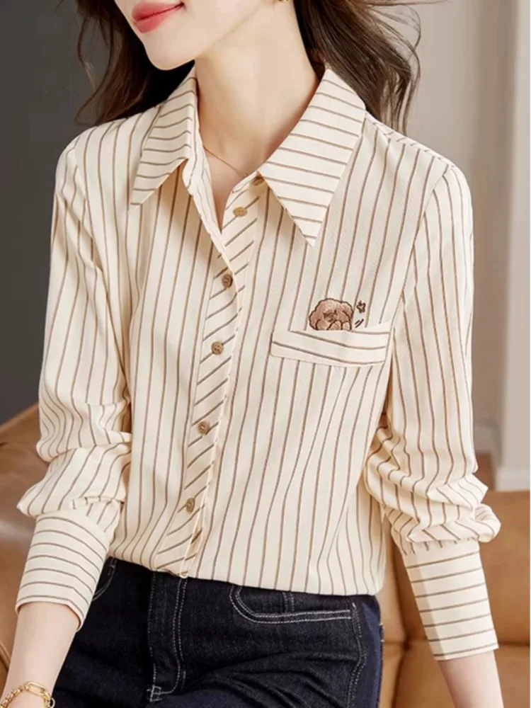 #3258 Striped Shirts Long Sleeve Embroidery Office Shirts Women Single Breasted Womens Tops And Blouses Regular Fit France Style