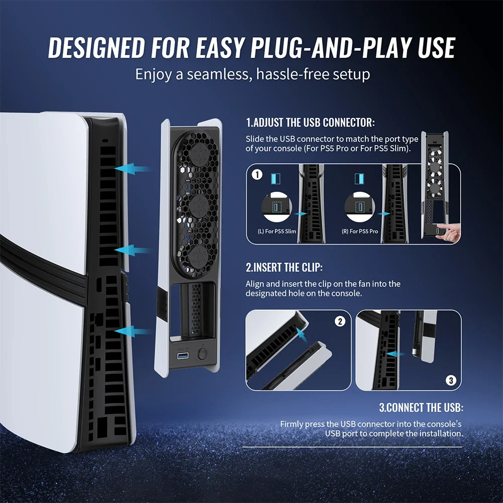 พัดลมระบายความร้อนสำหรับ PS5 Pro/บางพัดลมระบายความร้อน 3 ความเร็วแบบปรับได้พร้อมไฟ LED และพอร์ต USB3.0 พัดลมระบายความร้อนที่ได้รับการปรับปรุงสำหรับแผ่นดิสก์และดิจิตอล