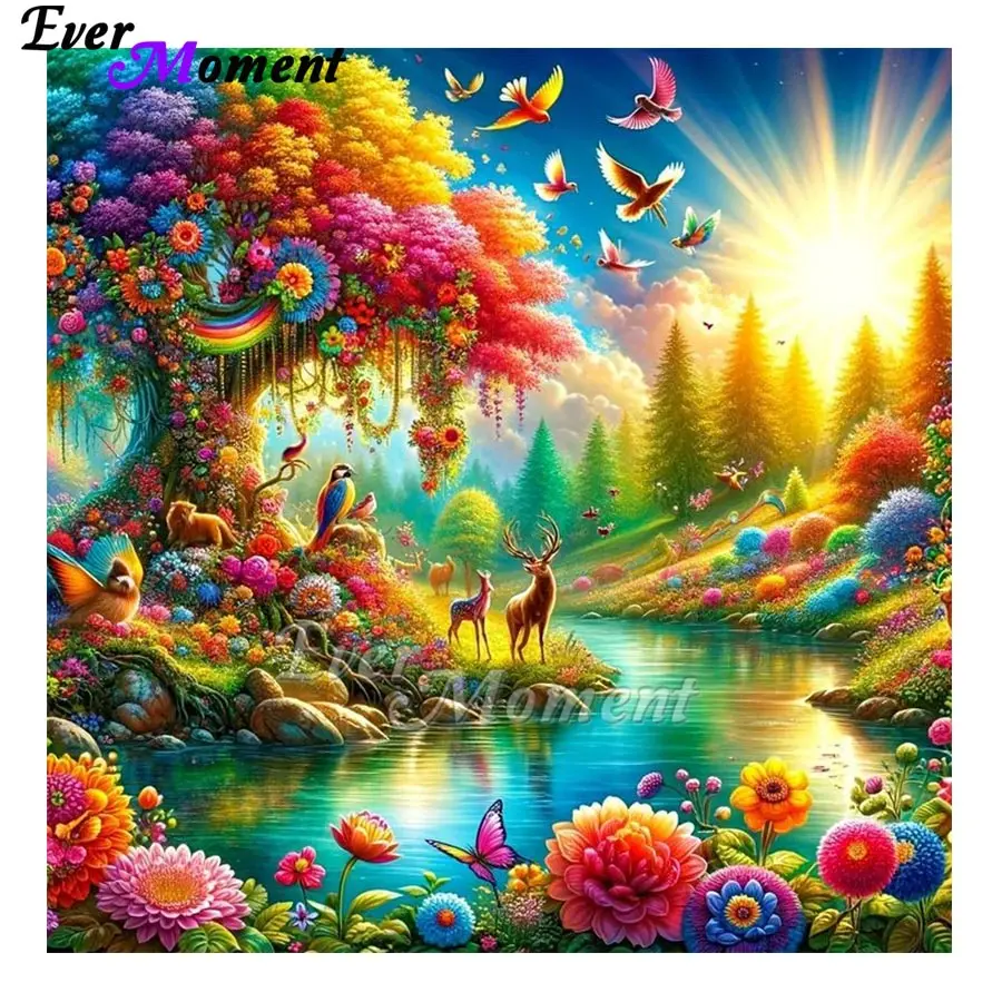 

Ever Moment Colorful Flowers Beautiful Tree with Birds and Butterfly AB Fairy Dust Beads Diamond Painting ASF2900