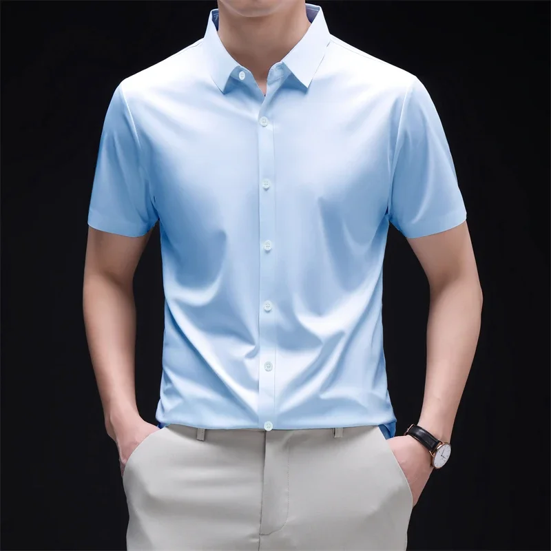 Men's Business Casual Short Sleeve Shirt Solid Color Wrinkle Resistant Comfortable All-Season Versatile Solid Top