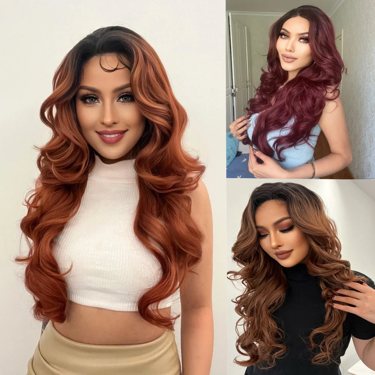 13*4*1 Side Part Long Wavy Brown wine red Synthetic Lace Front Wig with Baby Hair for Women Daily Party
