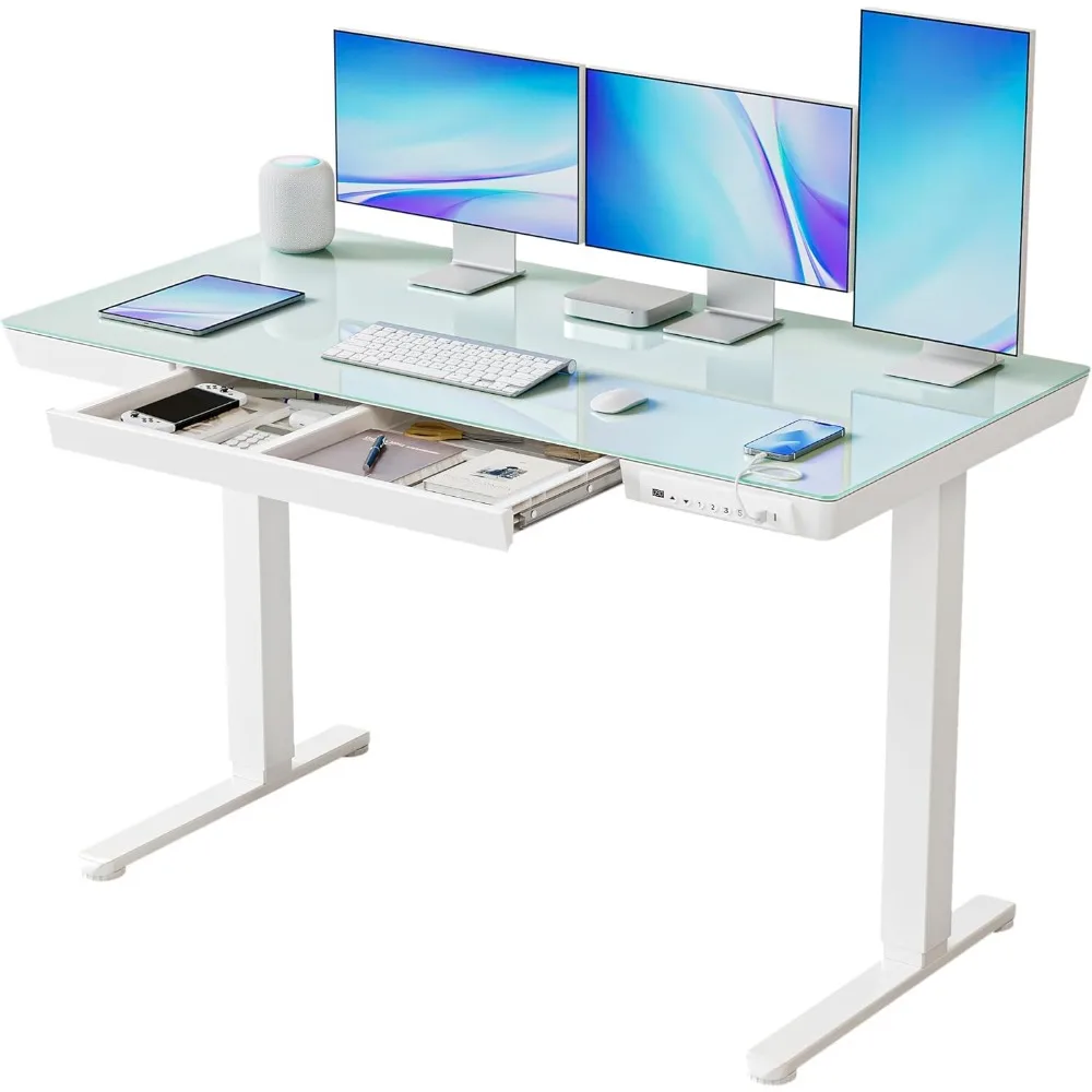 

Electric Standing Desk with Drawers, 55 inch Whole-Piece Glass Desktop, Height Adjustable Stand up Sit Stand Home Office