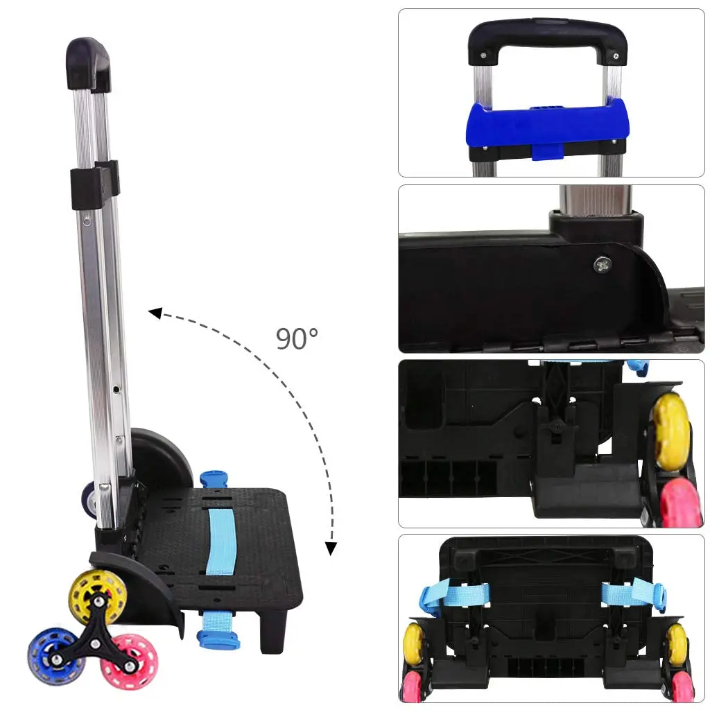 6 Wheels Rolling Luggage Carts Student Backpack Trolley Wheeled Trolley Aluminium Alloy Foldable Hand Cart for Kids School