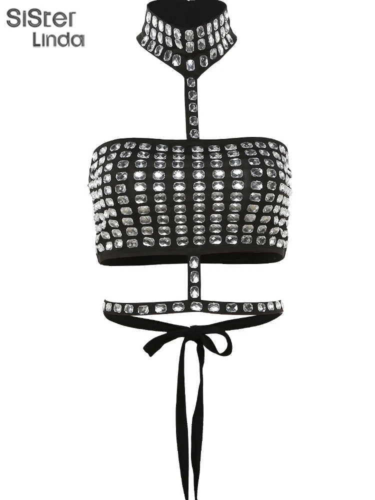 Sisterlinda paillettes strass licou Sexy débardeurs femmes sans manches Patchwork pansement mince Chic Camis dame fête Clubwear gilet