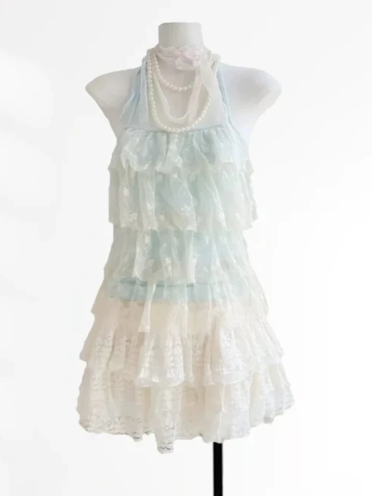 여름 달콤한 귀여운 레이스 업 2 피스 세트 여성 캐주얼 레이스 스플 라이스 민소매 슬래시 넥 탑 + Y2k 하이 웨스트 미니 스커트 한국어