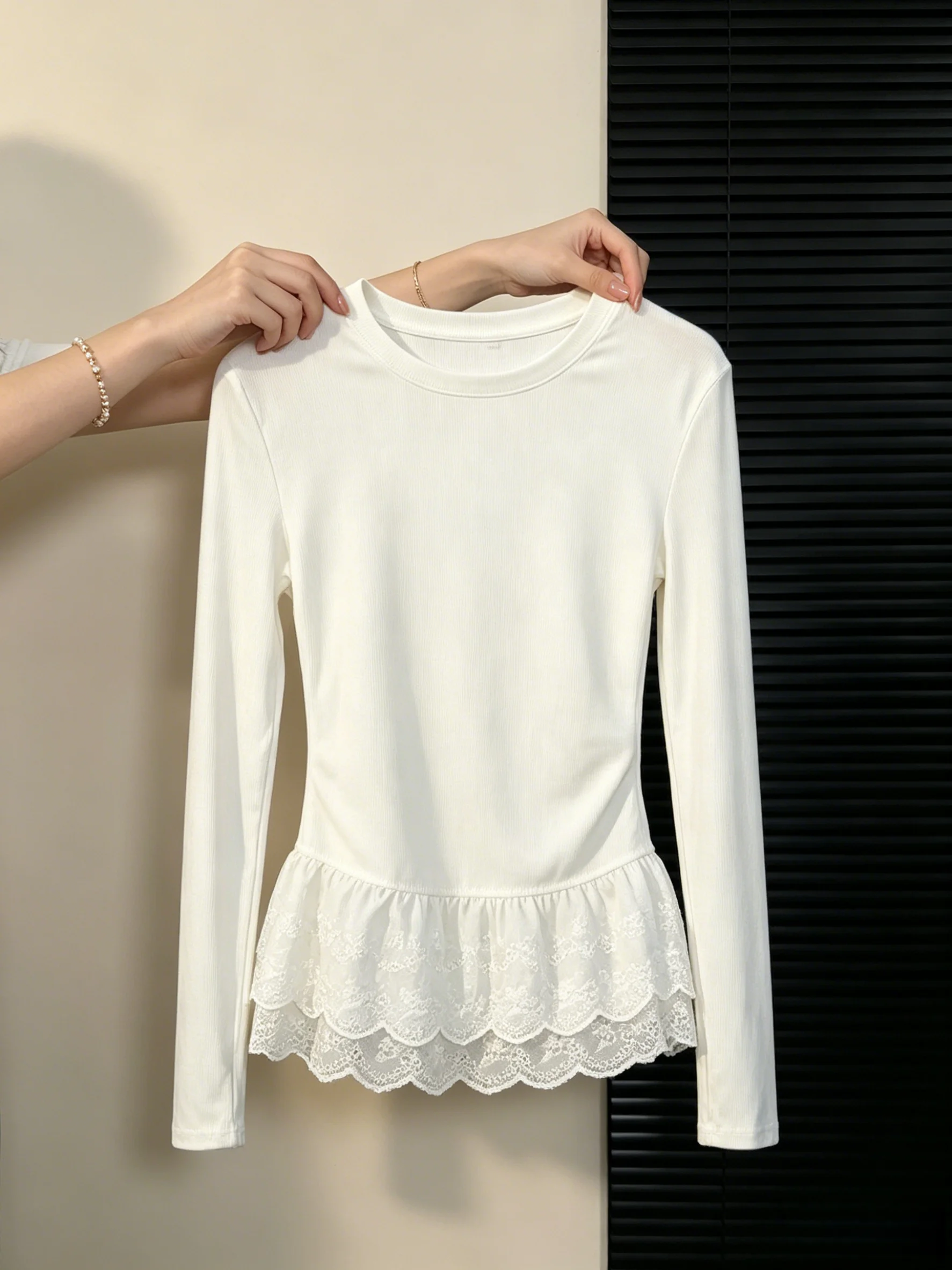 95% Cotton Long Sleeve T-Shirt Women's Ballet Lace Hem Layering Top plus Size Base Shirt Spring Season Inner Wear
