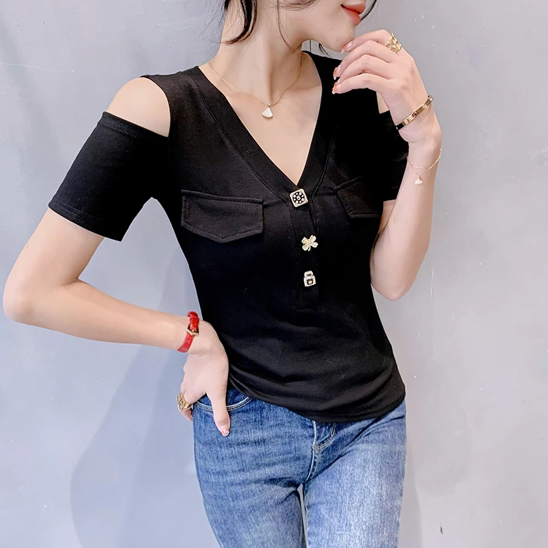 

2023 New Summer European Clothes Cotton T-Shirt Chic Sexy V-Neck Off Shoulder Button Women Short Sleeve Tops Pullover Tees 32346