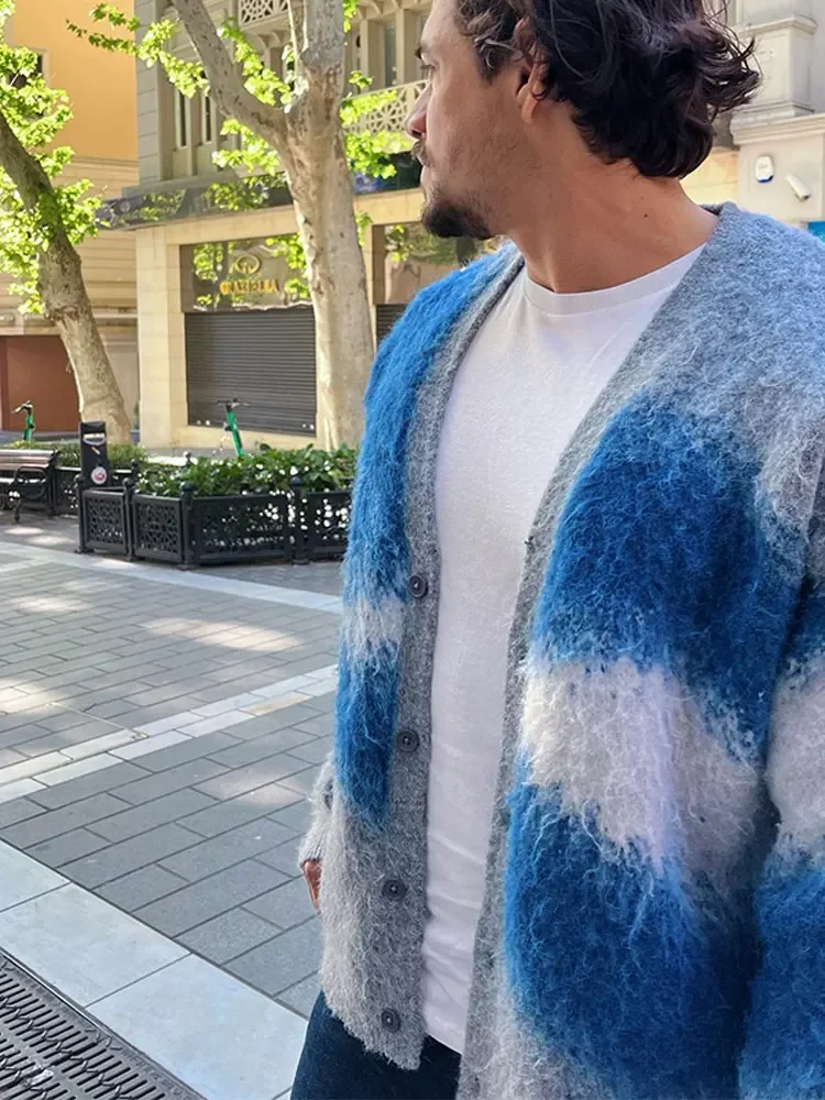 Fashion Tie Dye Cashmere Knitted Sweater Cardigan Men Casual Long Sleeve Single Breasted Jacket 2024 Autumn Warm Woolen Coat