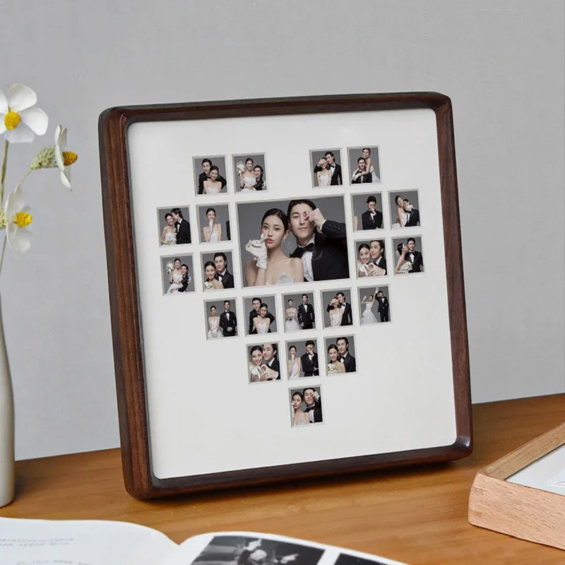 DIY Heart-Shaped Photo Frame Multi-Grid Solid Wood Frame for Couples, Ideal for Home Display or Wall Hanging Home Decor