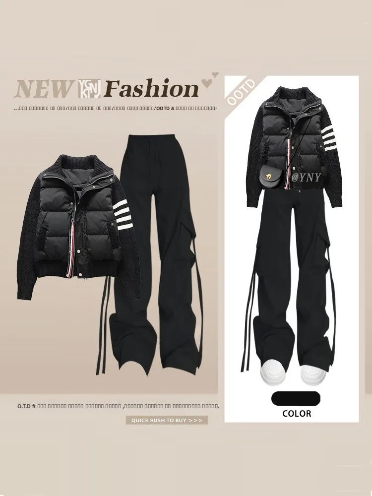 

Уличная повседневная универсальная женская зимняя хлопковая рабочая одежда, брюки, комплект из двух предметов, утягивающий модный наряд, длинные брюки с высокой талией