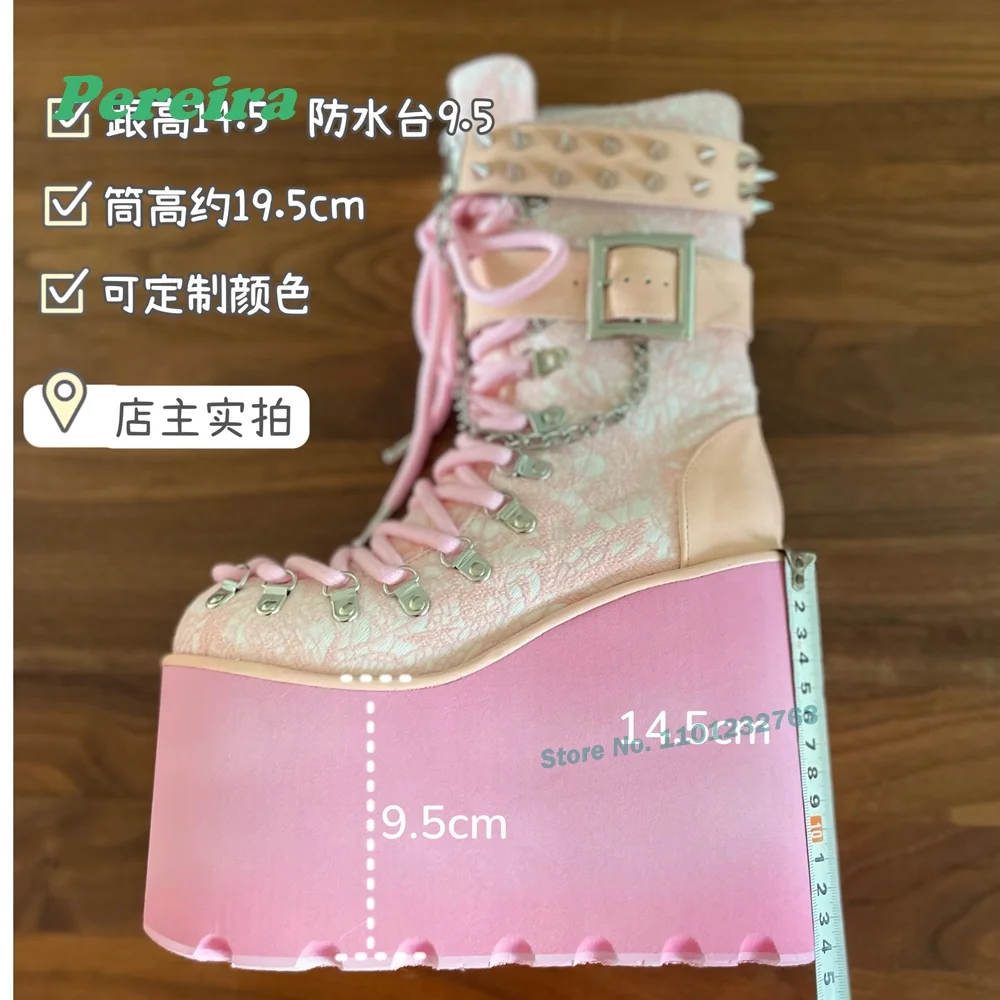 Pink Rivet Punk Boots Platform 14 Cm High Heels Belt Buckle Chain Decor Women Men Shoes Lace Up Y2K Cute Ankle Boots Handmade