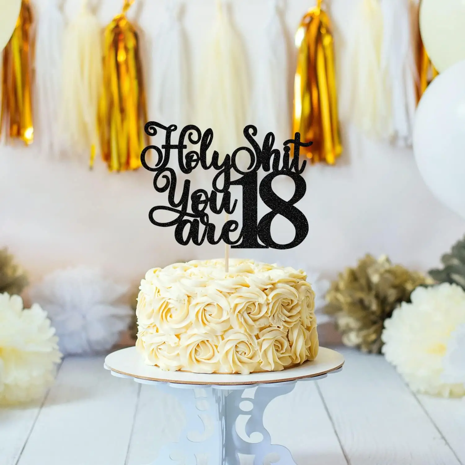 1Pack Happy 18th Birthday Cake Topper,Cheers to 18 Years Cake Decor, Funny 18th Birthday Decorations Supplies Black Glitter