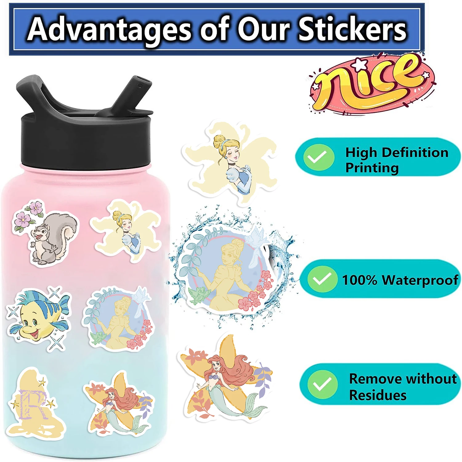 50 قطعة ملصقات أميرات الكرتون اللطيفة من ديزني DIY بها بنفسك مذكرات الكمبيوتر المحمول الأمتعة سكيت الكتابة على الجدران الشارات ملصق اللعب الكلاسيكية #4