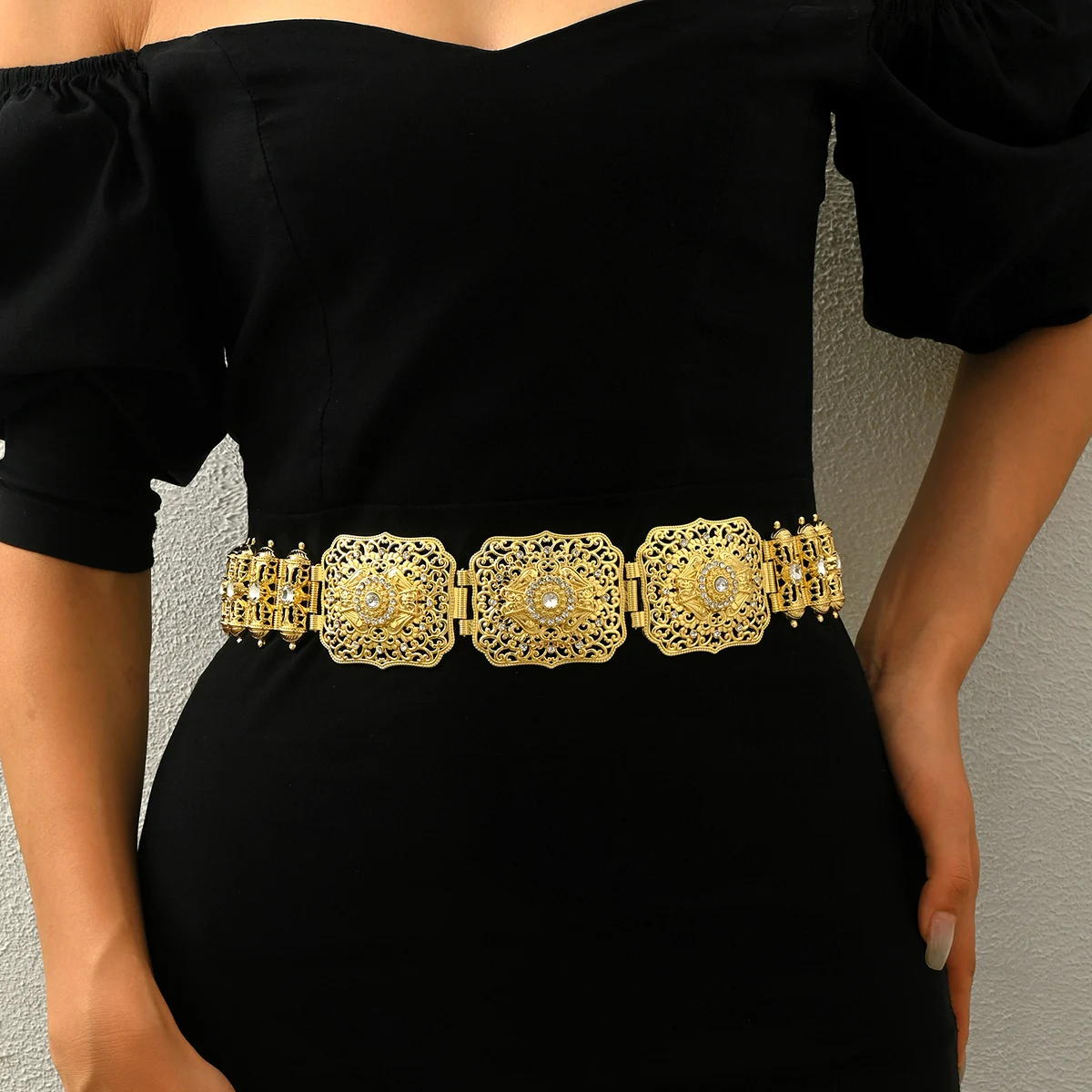 Moroccan-style bride belt jewelry, rope, chain, metal gold-plated, hollowed-out pattern vintage wedding dress performance belt