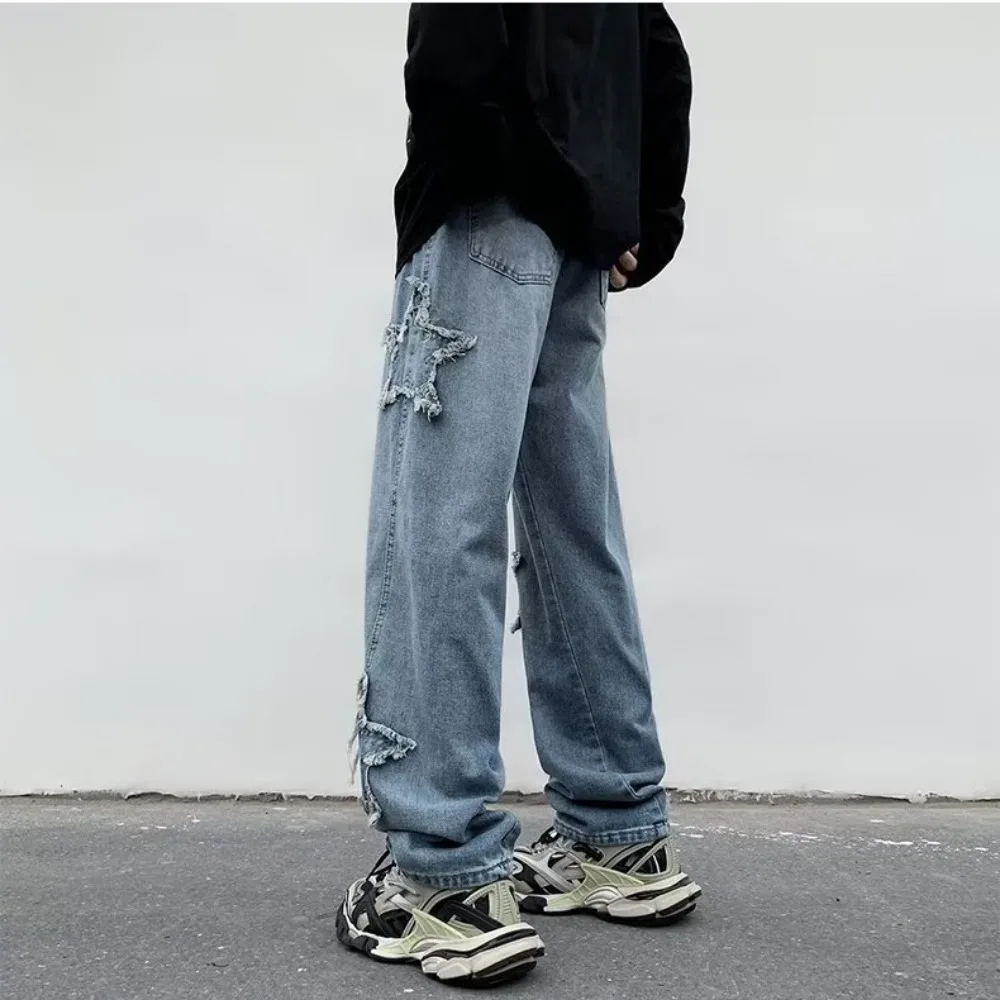 Pantalones para hombre, ropa con estrellas, toalla bordada, pantalones vaqueros holgados para hombre, ropa Y2K, pantalones rectos de algodón de Hip