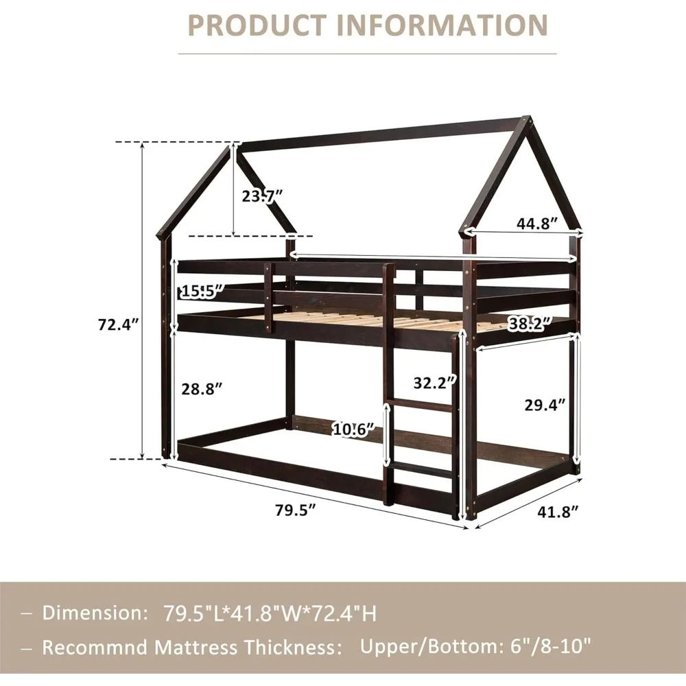 Twin Over Twin House Bunk Bed with Ladder and Saftey Guardrails for Teens, Solid Wood House Shape Floor Twin Bunk Beds Frame