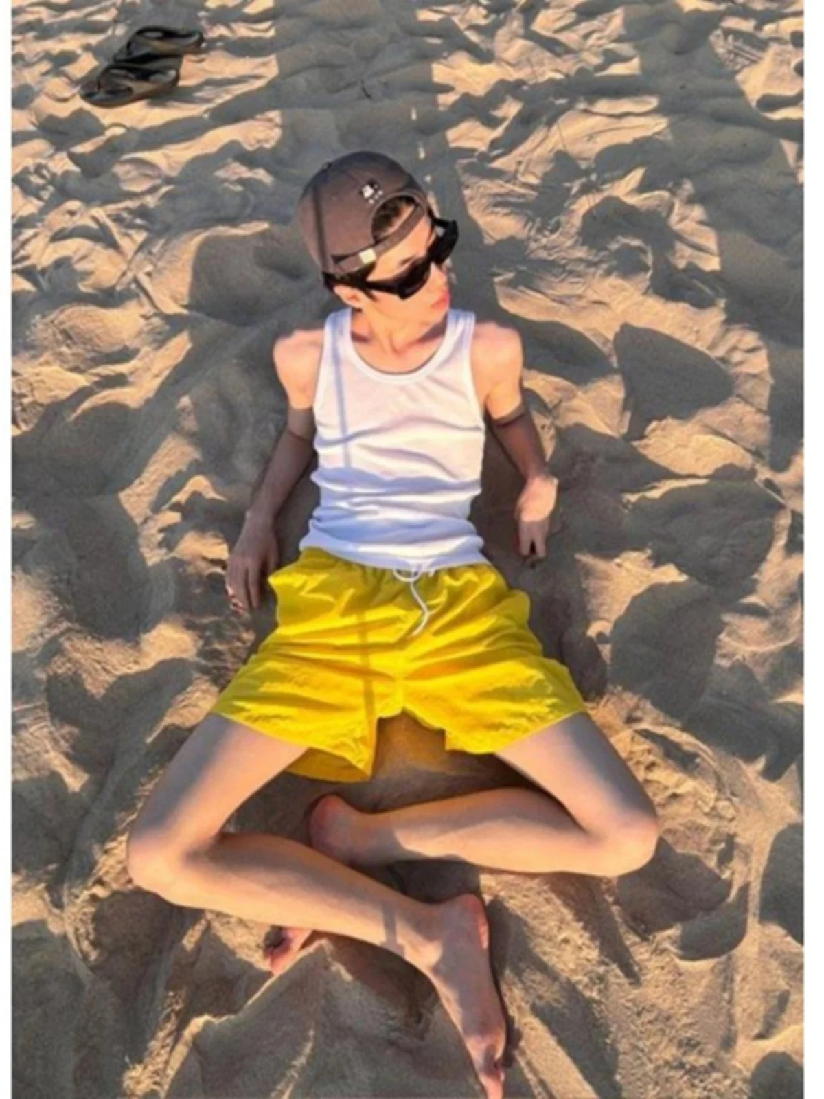 Hawaii Yellow Sports orts for Men Summer Dopane Beachwear Qui Dry Ice Silk 5-Quarter Low Waist Straight Leg Casual Pants