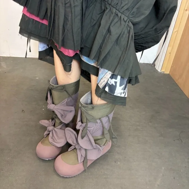 Nischen-Design Runde Zehenpartie Overknee-Stiefel für Damen 2026 Neu mit breitem Zehenriemen und Schleife Modische flache Schuhe