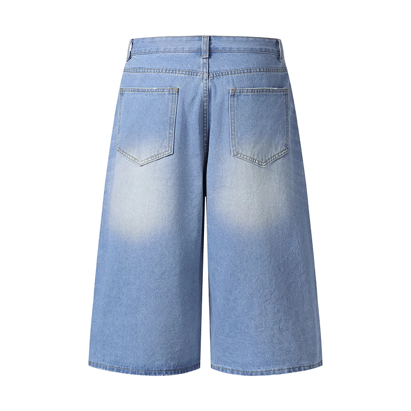 American Light Blue Men's Denim Shorts Cropped Vintage Washed Loose Versatile Casual Knee Length Jeans Summer New