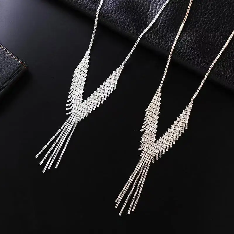 Long tassel necklace with full diamond necklace and short necklace