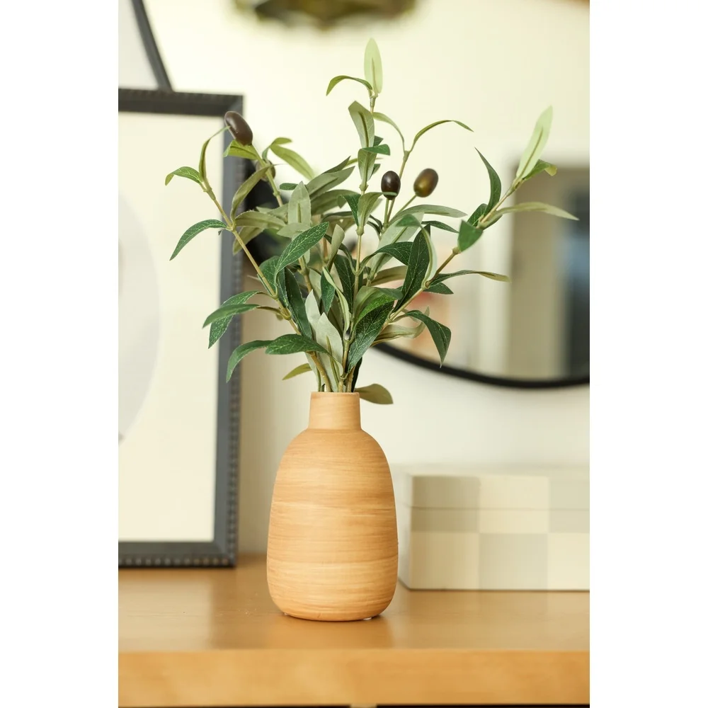 15 Inch Artificial Olive Plant in Wood Finish Ceramic Vase Lifelike Tabletop Decoration Elegant Home Office Accent Piece