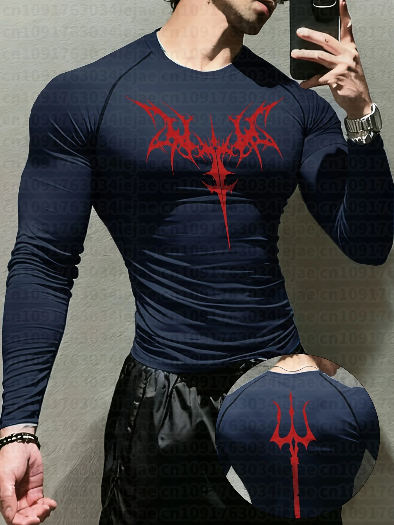 Herren-Langarmshirt mit dunklem abstraktem totemischem Gothic-Stil, Dreizack-Symbol und symmetrischem Dornenmuster. – Detail 12