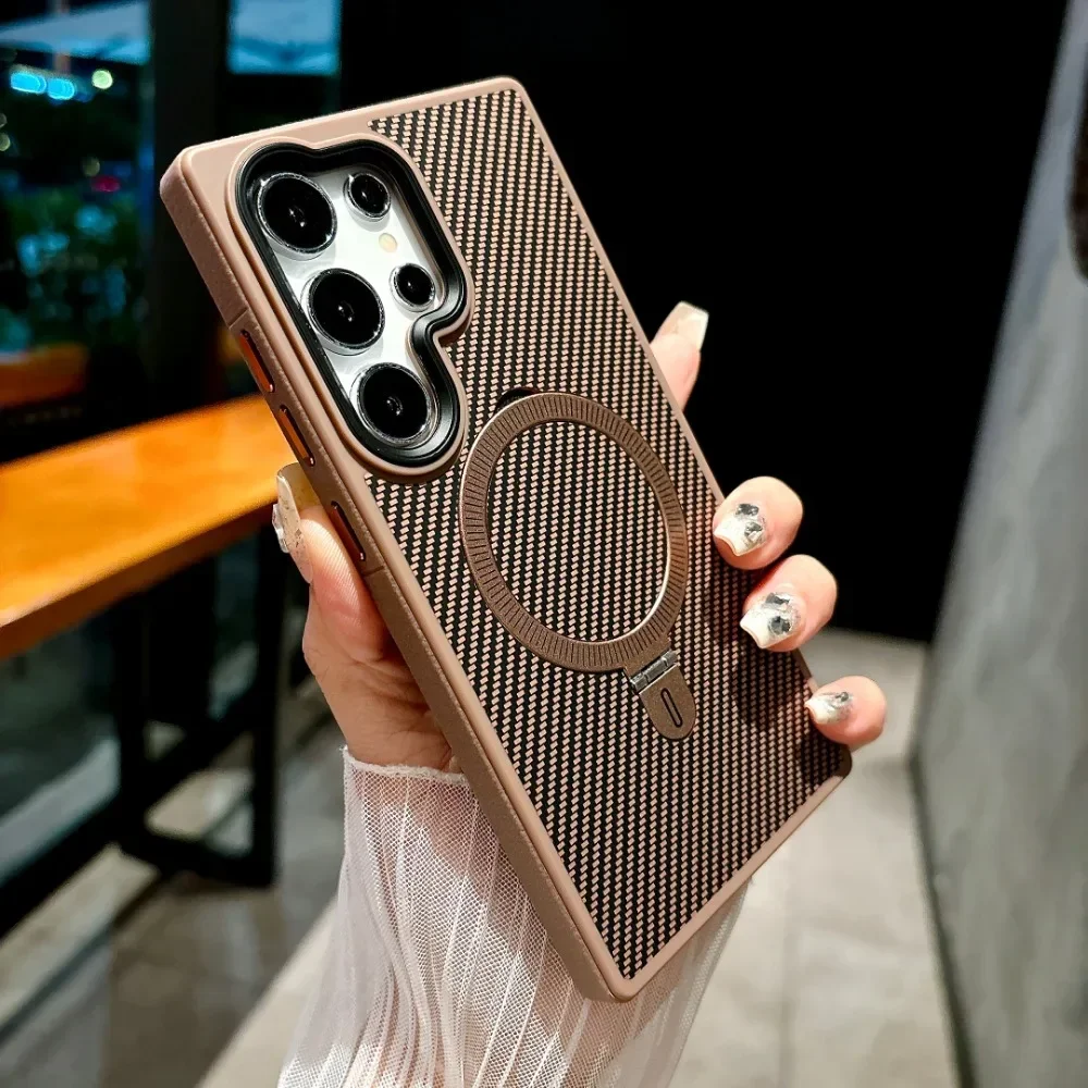 Magnetische Halterung Carbon Faser Leder Telefon Fall für Samsung Galaxy S25 S24 Ultra Kunststoff Hard Shell Ring Halter Abdeckung