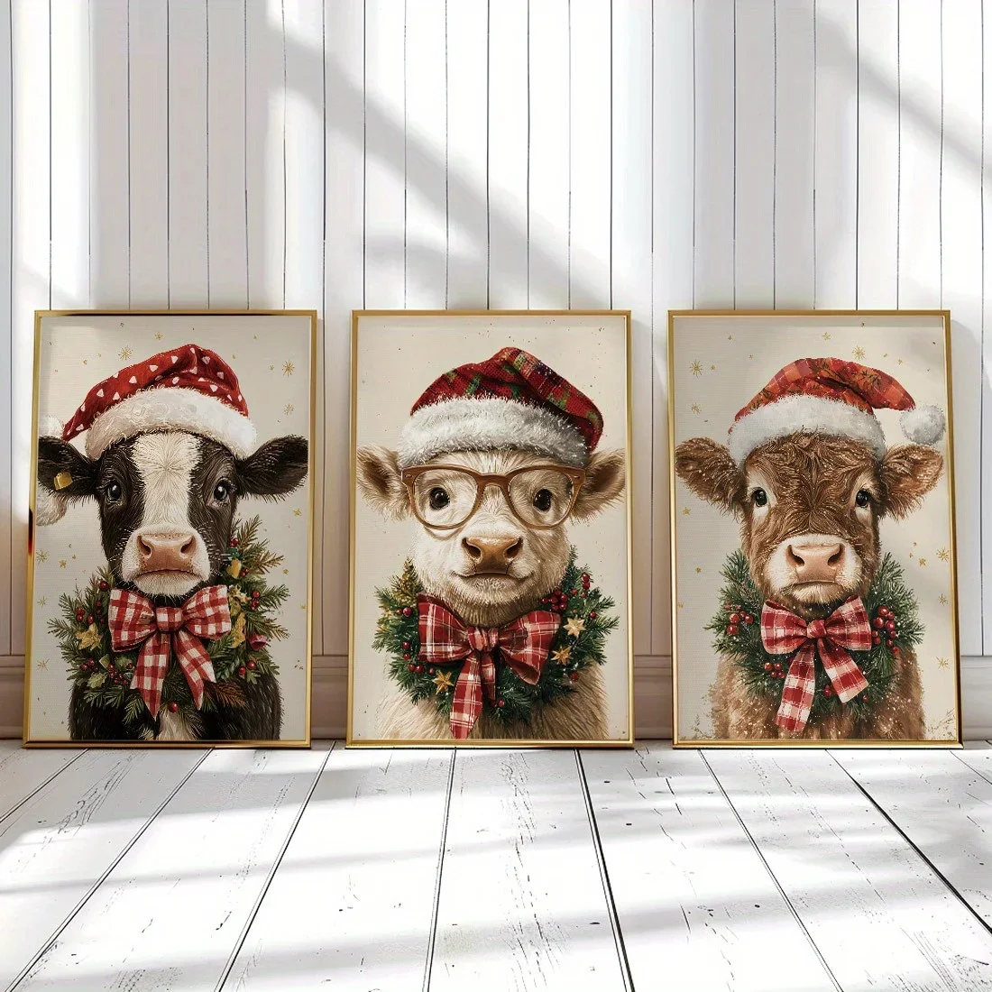 3pcs/set Christmas Cow Animal Canvas Print Bowknot Christmas Hat Farm Animal Wall Art Poster for Modern Christmas Home Decor