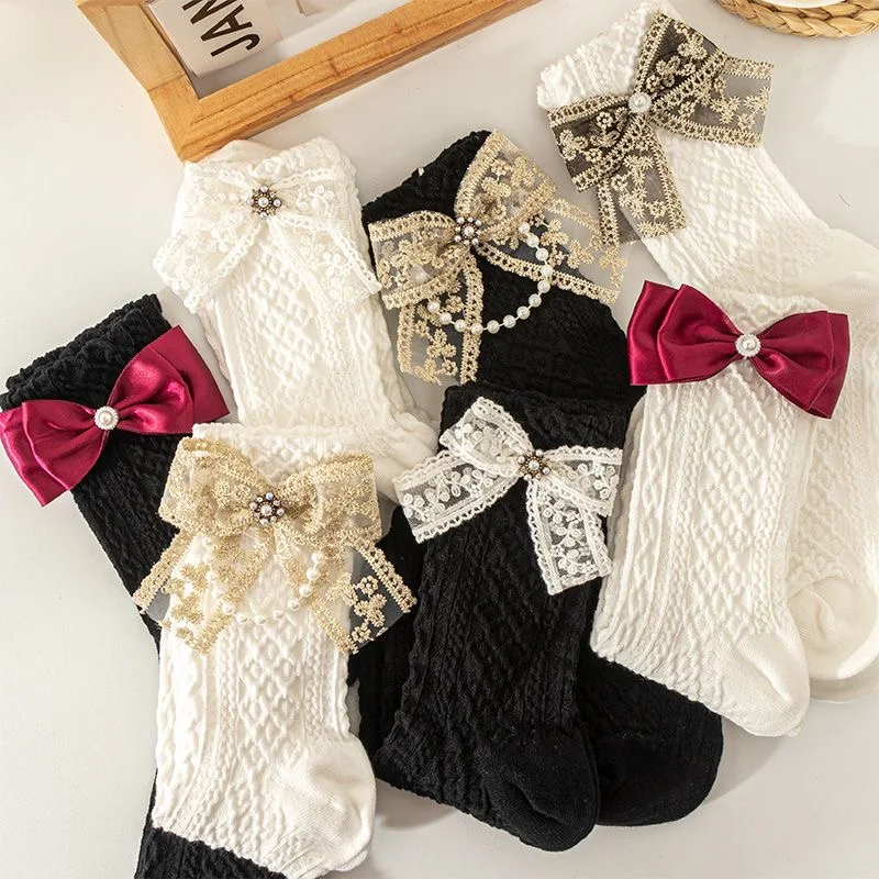 spring winter lolita stocking white black bow lace y2k socks for ladies young girl stock