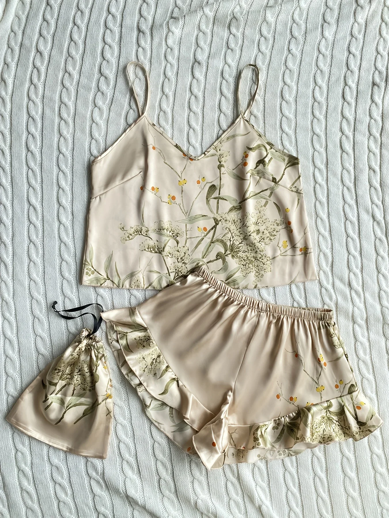 Elegante Cami-Tops mit Blumendruck, Rüschensaum, Shorts, Pyjama-Set, Damen-Nachtwäsche, Loungewear – Detail 16