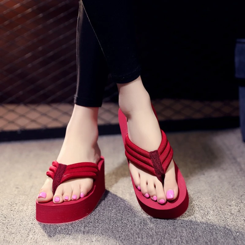 

Women's Fashion Wedge Heel Flip Flops Summer Platform Shoes Lightweight Flip Flops Beach Slippers Red Women's Street Sandals