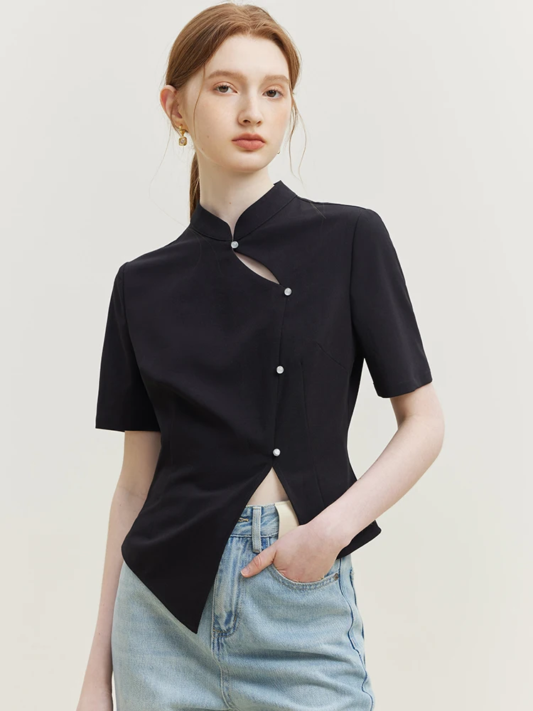 FSLE New Chinese Style National Style Hollow Design Shirt Top for Women 2023 Summer Chic Waist Slimming Stand Color Top Female