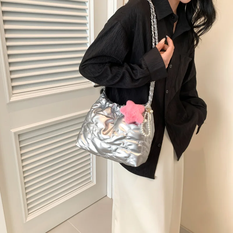 Pu Leather Silver Chain Shoulder Bags for Women 2024 Designer Korean Fashion Handbags and Purses Trend Crossbody Bucket Bag