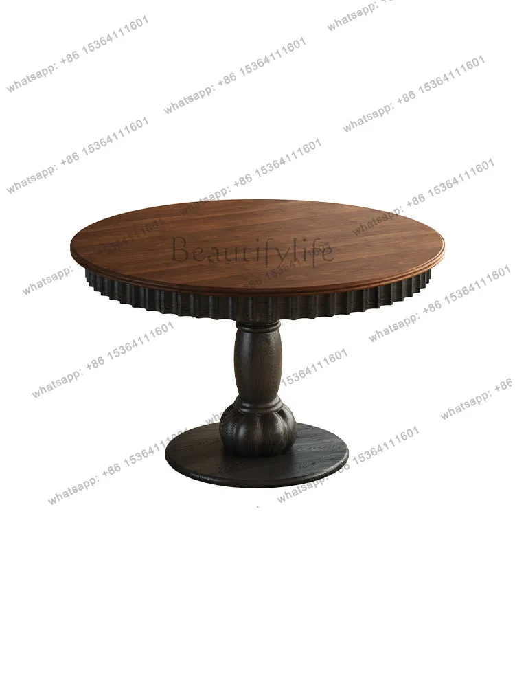 Red oak French antique pure solid wood round dining table American retro round dining table