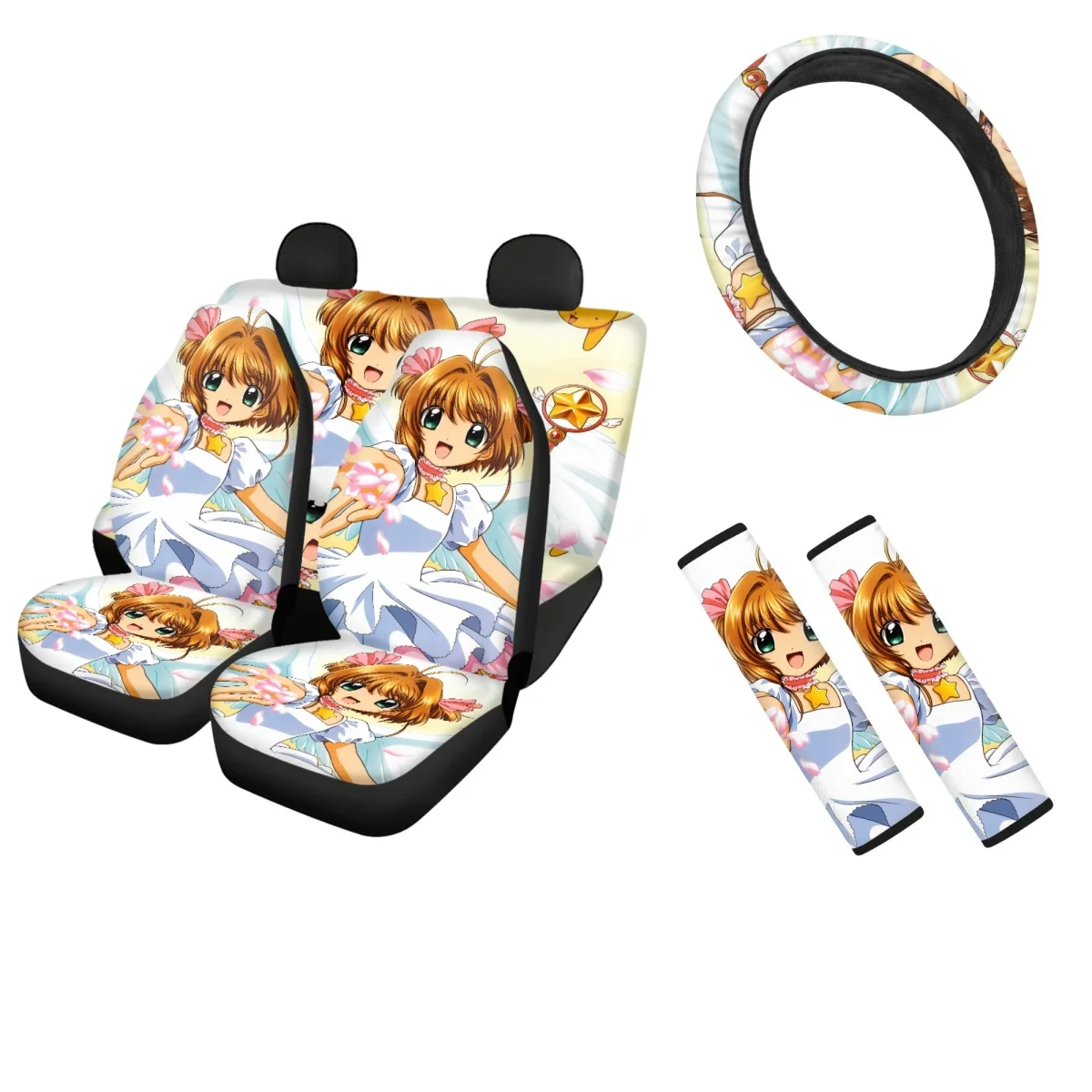 Fashion Cardcaptor Sakura Print Car Interior Seat Covers Anime Steering Wheel Protection Seat Belt Sets Covers Auto  Accessories