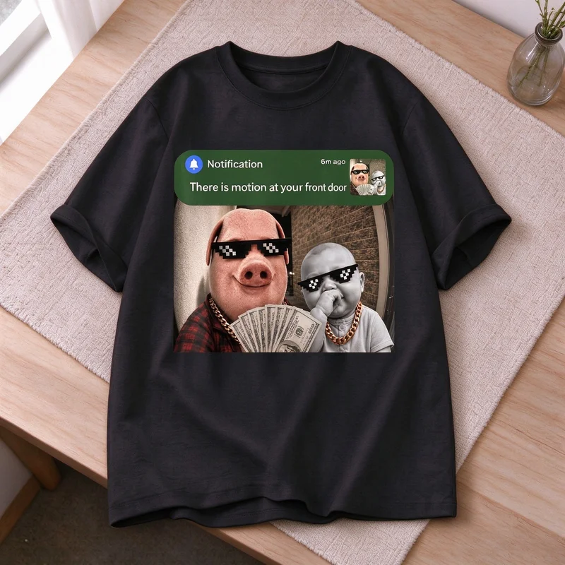 Ovelty Meme Graphic Tee There Is Motion At Your Front Door Pig Baby Money Pixel Sunglasses Casual Cotton T Shirt Humor Y2k Top
